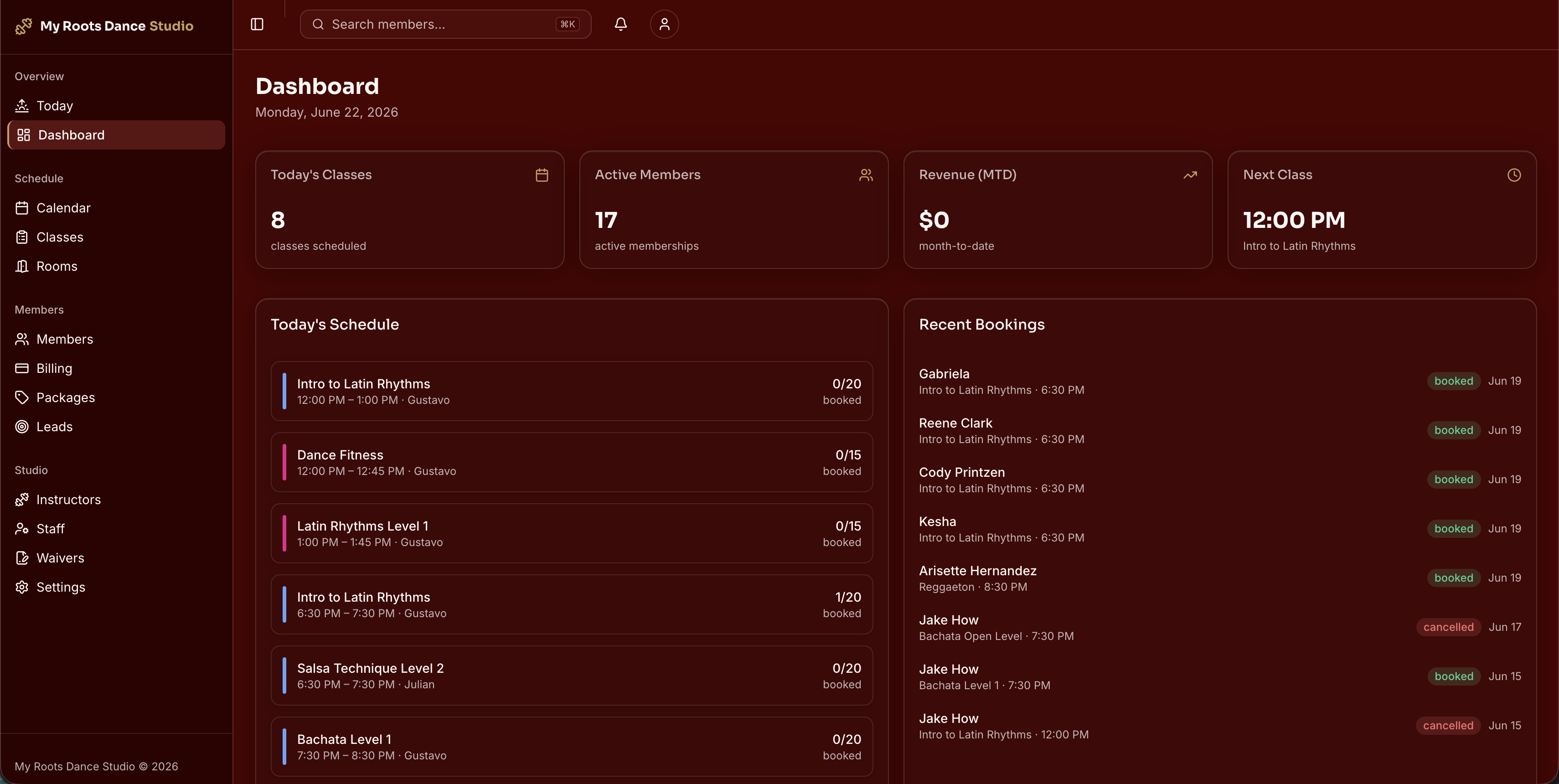 The Boxing Bachata admin dashboard: today's classes, active members, revenue, schedule, and recent bookings.